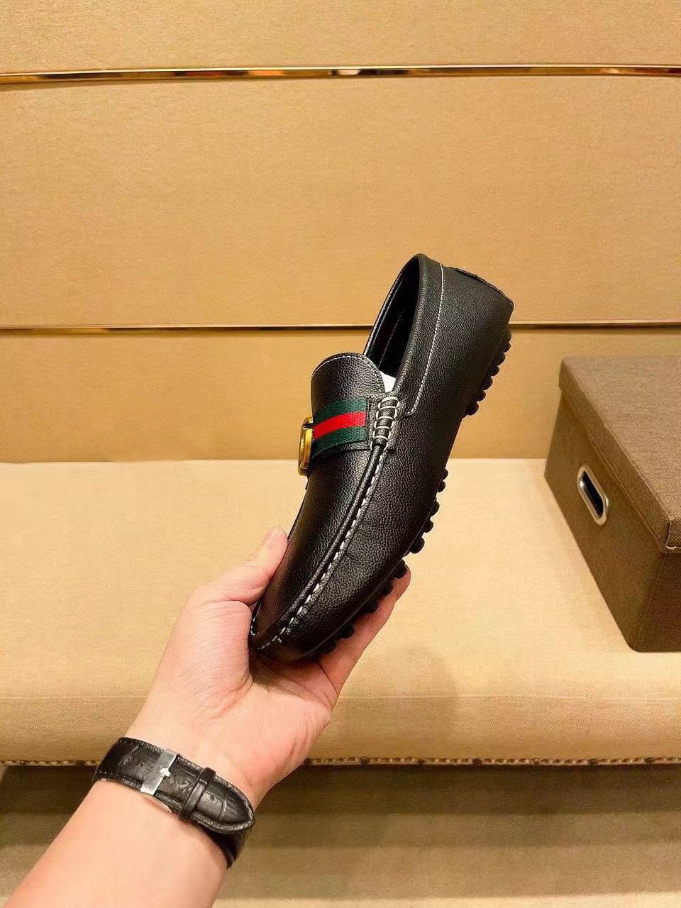 Gucci Black Red and Green Stripe Loafers
